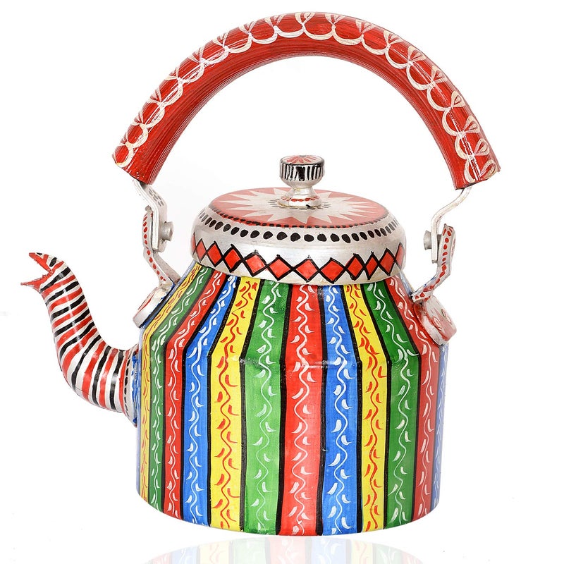 Unique Indian Crafts Multicolor Handpainted Aluminium Kitchen & Dinning Tableware Dinnerware Breakfast & Serving Tea Coffee Kettle Set with 6 Stainless Steel Tea Cups Glass and Stand - Image 2