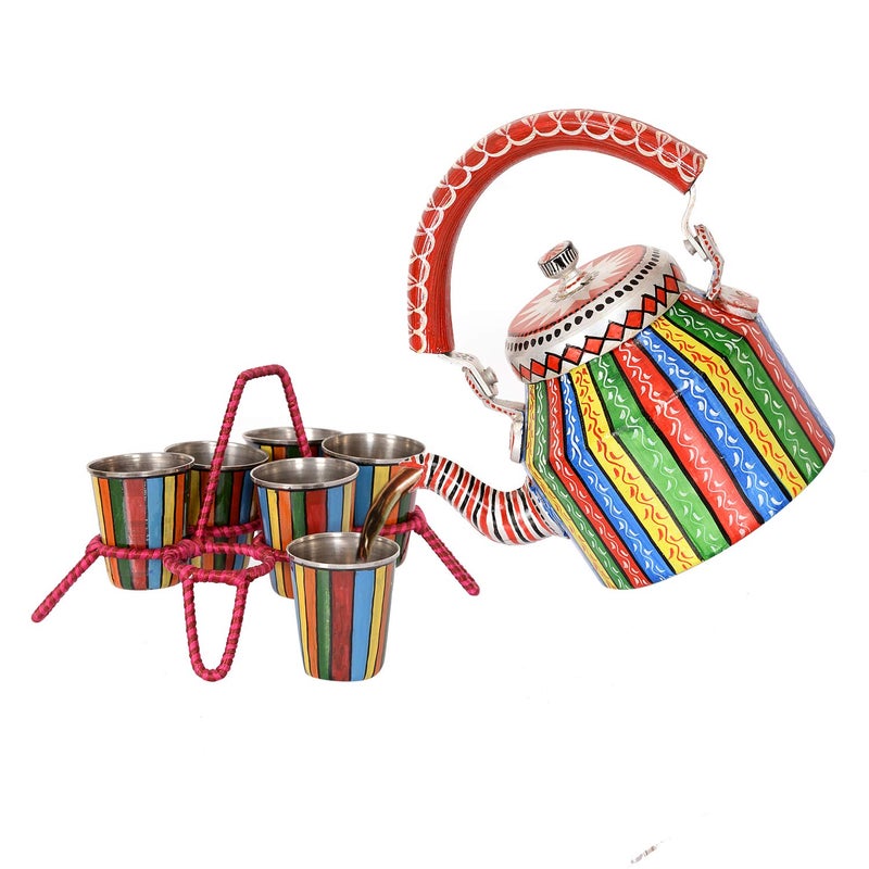 Unique Indian Crafts Multicolor Handpainted Aluminium Kitchen & Dinning Tableware Dinnerware Breakfast & Serving Tea Coffee Kettle Set with 6 Stainless Steel Tea Cups Glass and Stand - Image 4
