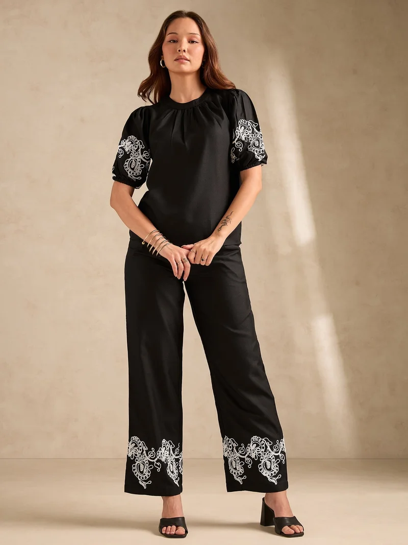Outzidr  Black Co-Ord Set Embroidered Top With Straight Leg Trouser for Women | Best Price UAE
