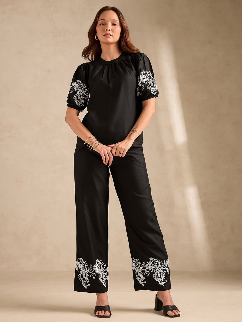 OUTZIDR Black Co-Ord Set Embroidered Top With Straight Leg Trouser - Image 5