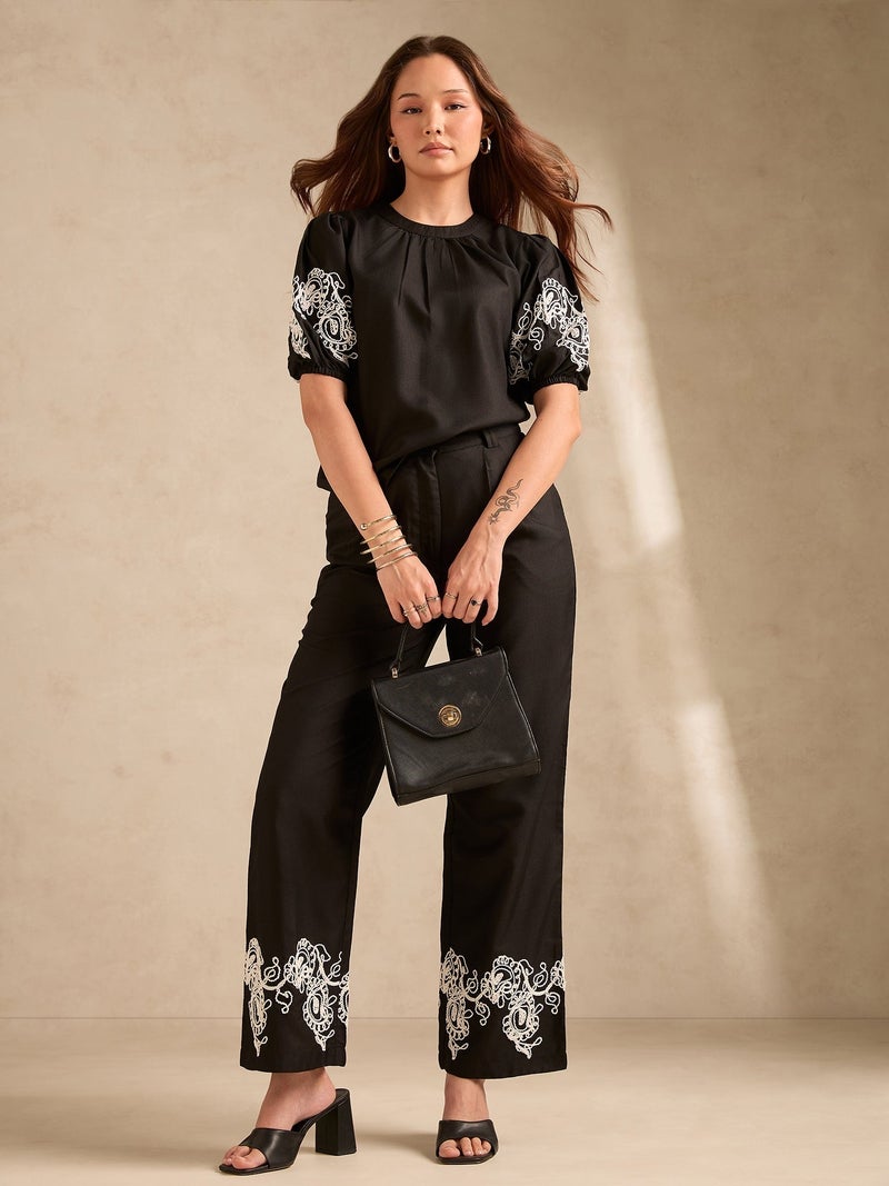 OUTZIDR Black Co-Ord Set Embroidered Top With Straight Leg Trouser - Image 1