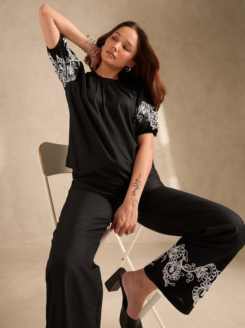 OUTZIDR Black Co-Ord Set Embroidered Top With Straight Leg Trouser - Image 2