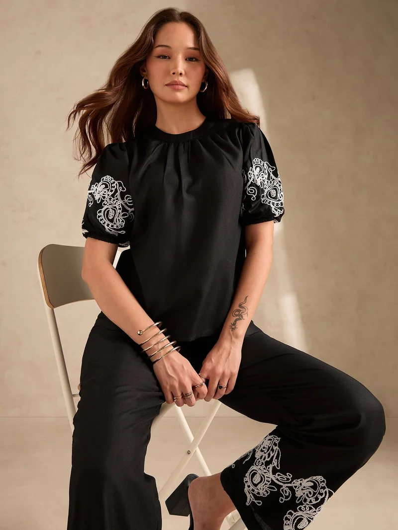 Outzidr  Black Co-Ord Set Embroidered Top With Straight Leg Trouser for Women | Best Price UAE