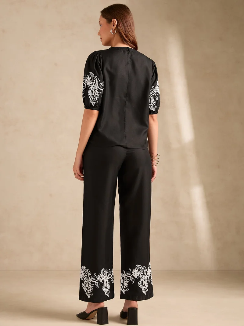 Outzidr  Black Co-Ord Set Embroidered Top With Straight Leg Trouser for Women | Best Price UAE