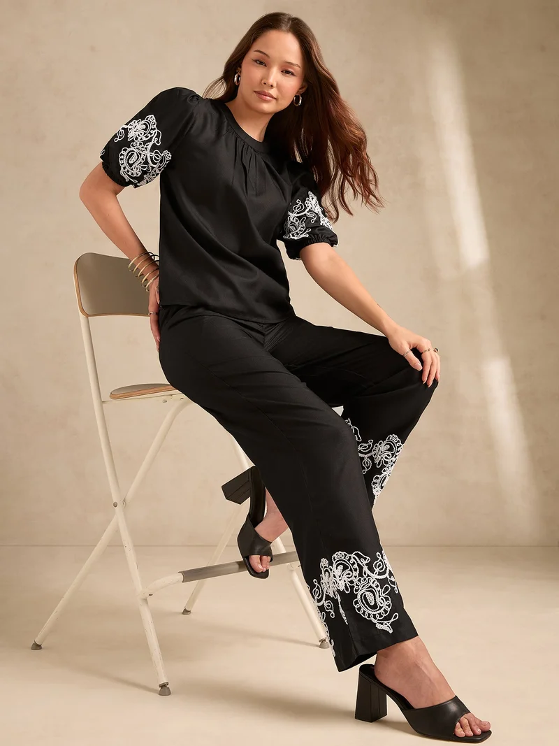 Outzidr  Black Co-Ord Set Embroidered Top With Straight Leg Trouser for Women | Best Price UAE
