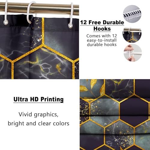 Poedist 4 Pcs Bathroom Shower Curtain Set,Bathroom Sets with Rugs(Bath Mat,U Shape and Toilet Lid Cover Mat) and 12 Hooks,Honeycomb Marble Grey Black - Image 3
