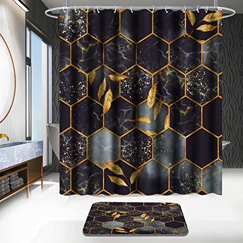 Poedist 4 Pcs Bathroom Shower Curtain Set,Bathroom Sets with Rugs(Bath Mat,U Shape and Toilet Lid Cover Mat) and 12 Hooks,Honeycomb Marble Grey Black - Image 2