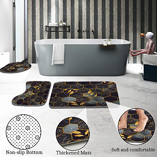 Poedist 4 Pcs Bathroom Shower Curtain Set,Bathroom Sets with Rugs(Bath Mat,U Shape and Toilet Lid Cover Mat) and 12 Hooks,Honeycomb Marble Grey Black - Image 4