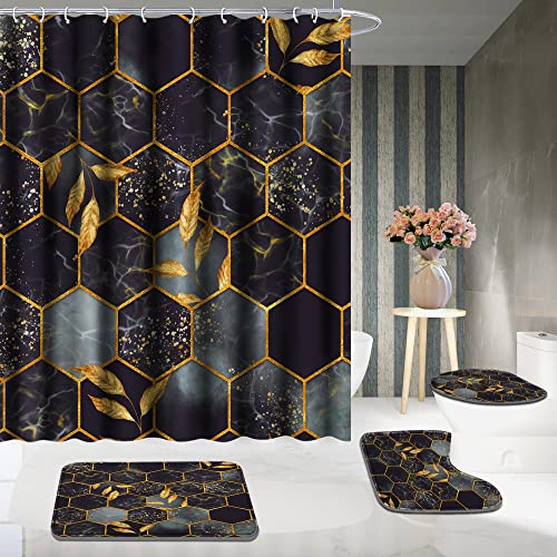 Poedist 4 Pcs Bathroom Shower Curtain Set,Bathroom Sets with Rugs(Bath Mat,U Shape and Toilet Lid Cover Mat) and 12 Hooks,Honeycomb Marble Grey Black - Image 5