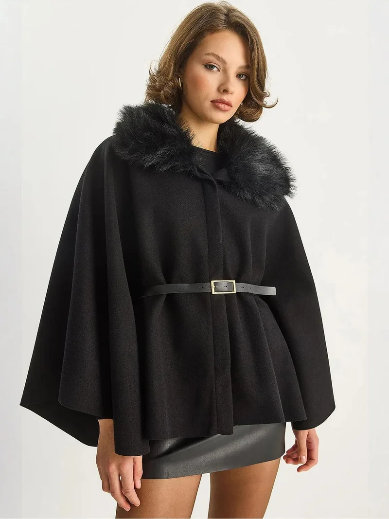 Bianco Lucci LUCCI Wool Blend Overcoat with Faux Fur Collar