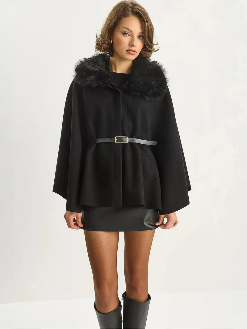 Bianco Lucci LUCCI Wool Blend Overcoat with Faux Fur Collar