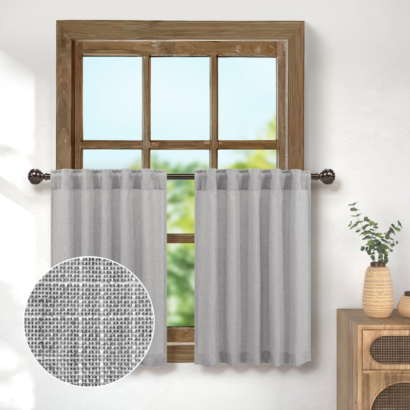 Pitalk Farmhouse Kitchen Curtains 30 Inch Length for Small Bedroom Back Tab Pocket Light Breathable Linen Cafe Tiers Boho Casual Semi Transparent Short Half Window Curtains for Bathroom 30x30 Light Gray Grey - Image 1
