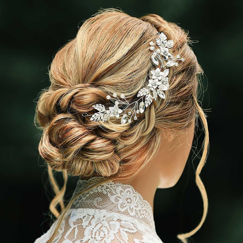 Gorais Crystal Wedding Hair Vine Silver Leaf Bridal Headpiece Flower Bride Hair Piece Pearl Hair Accessories for Women and Girls