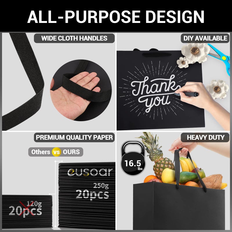 EUSOAR Large Black Gift Bags, 20pcs 12.5"x4.5"x11" Kraft Paper Black Shopping Bags with Handles Bulk, Merchandise Retail Wrapping Bags for Business, Craft Grocery, Boutique, Party Favor, Wedding - Image 3