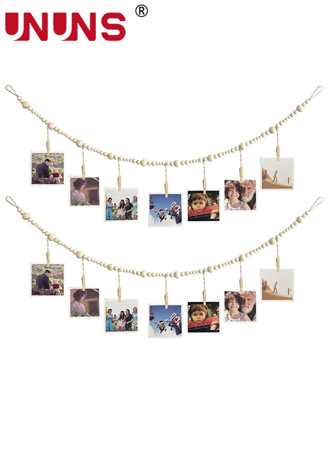 UNUNS 2 Pack Hanging Photo Display,Wooden Bead Garland With 7 Clips,Boho Style Collage Photo Frame Decoration For  Rustic Country Home,Dorms,Classrooms,Bedrooms - Image 1