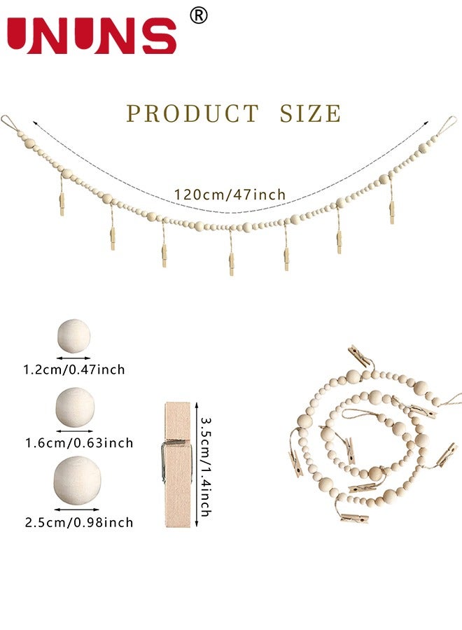 UNUNS 2 Pack Hanging Photo Display,Wooden Bead Garland With 7 Clips,Boho Style Collage Photo Frame Decoration For  Rustic Country Home,Dorms,Classrooms,Bedrooms - Image 2