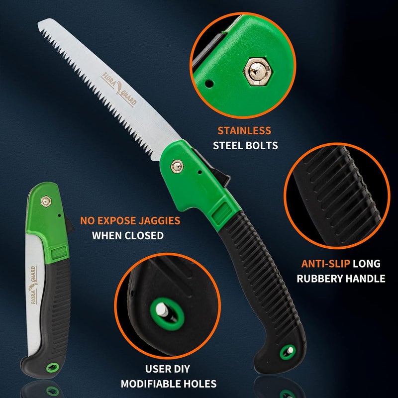 FLORA GUARD 7.7-Inch Folding Hand Saw, Pruning Saw with Trible-Cut Razor Teeth for Wood Cutting, Tree Trimming, Professional Camping Gardening Tools (Green) - Image 3