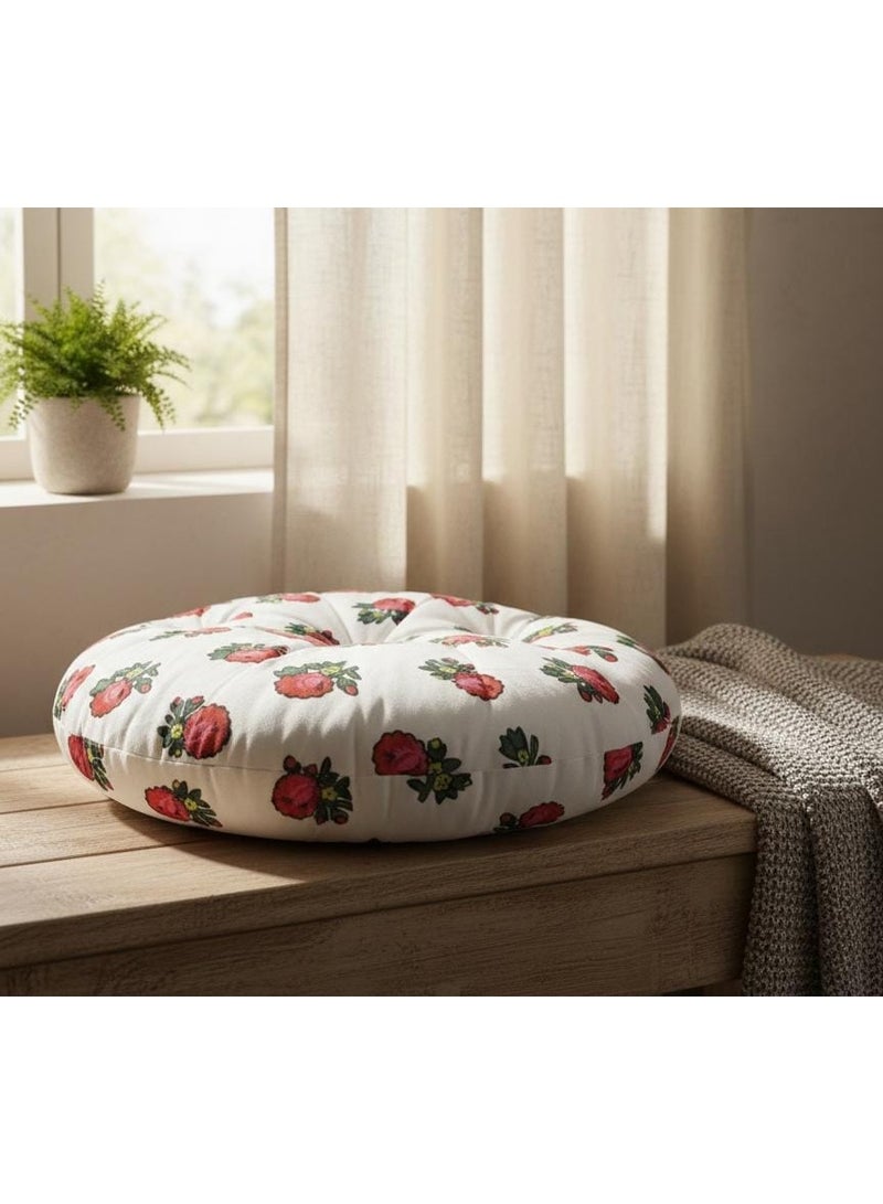 أي كي دي سي وسادة دائرية مزخرفة بنقشة زهور من AKDC للأريكة والكرسي الجانبي - قماش قطني أبيض، 45×7 سم - Image 2