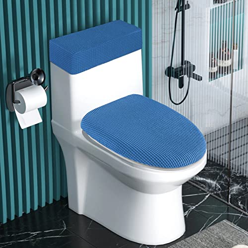 AZHCHKE Toilet Lid Cover and Toilet Tank Cover Stretch Toilet Covers Set for Bathroom, Polyester Spandex Jacquard Fabric, Machine Washable, with Elastic Bottom, Blue - Image 2
