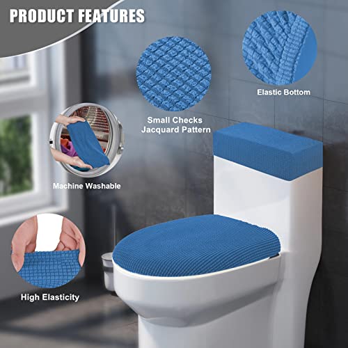 AZHCHKE Toilet Lid Cover and Toilet Tank Cover Stretch Toilet Covers Set for Bathroom, Polyester Spandex Jacquard Fabric, Machine Washable, with Elastic Bottom, Blue - Image 3