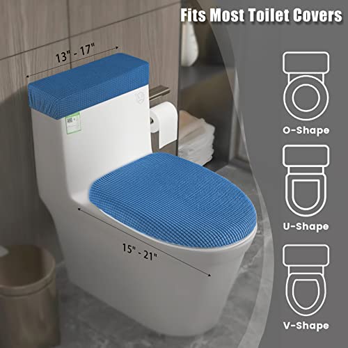 AZHCHKE Toilet Lid Cover and Toilet Tank Cover Stretch Toilet Covers Set for Bathroom, Polyester Spandex Jacquard Fabric, Machine Washable, with Elastic Bottom, Blue - Image 4