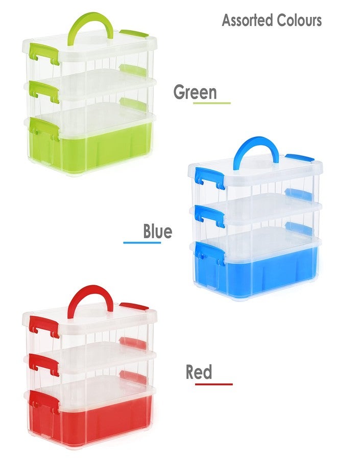 ABOUT SPACE 3 Tier Virgin Plastic Carry Box for Storage with Removable Tray - Transparent Medicine Organizer with Lid & Latch Buckles Stackable Box for Stationery (Assorted - L 26 x B 17 x H 19 cm) - Image 3