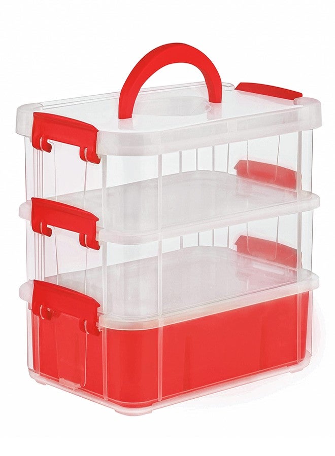 ABOUT SPACE 3 Tier Virgin Plastic Carry Box for Storage with Removable Tray - Transparent Medicine Organizer with Lid & Latch Buckles Stackable Box for Stationery (Assorted - L 26 x B 17 x H 19 cm) - Image 1