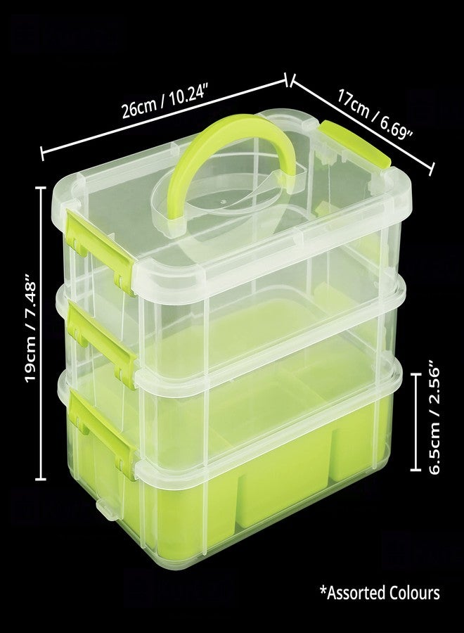 ABOUT SPACE 3 Tier Virgin Plastic Carry Box for Storage with Removable Tray - Transparent Medicine Organizer with Lid & Latch Buckles Stackable Box for Stationery (Assorted - L 26 x B 17 x H 19 cm) - Image 2
