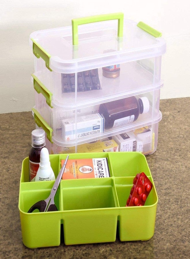 ABOUT SPACE 3 Tier Virgin Plastic Carry Box for Storage with Removable Tray - Transparent Medicine Organizer with Lid & Latch Buckles Stackable Box for Stationery (Assorted - L 26 x B 17 x H 19 cm) - Image 5