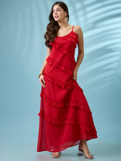 globus Women Red Scoop Neck Strappy Sleeves Ruffle Detail Georgette A-Line Maxi Party Dress