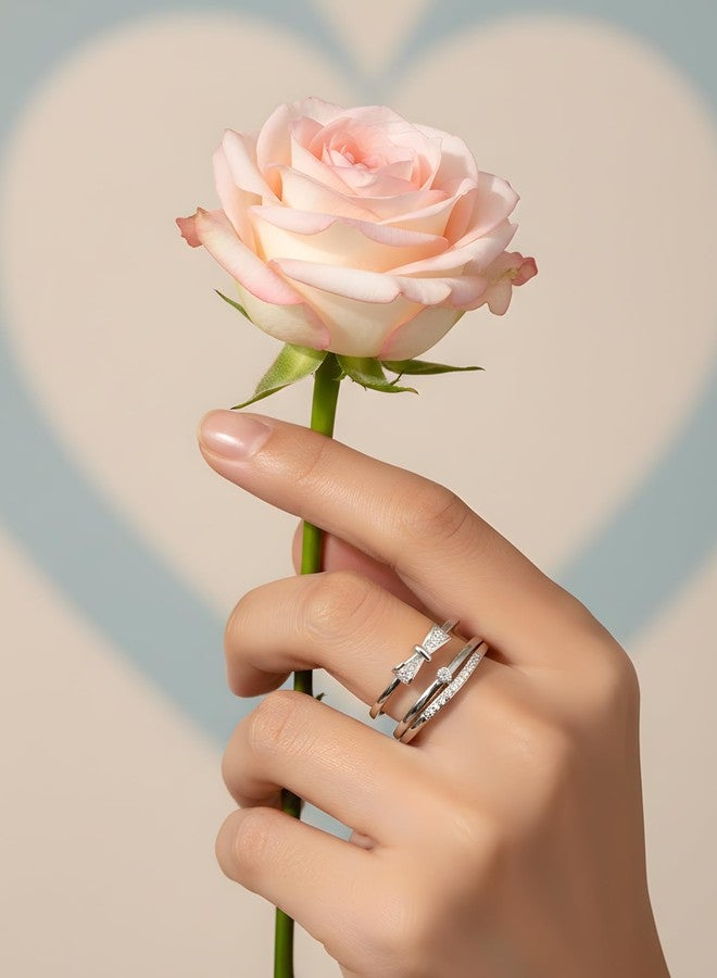 كارات كارت خاتم بوهي من كارات كارت بتصميم أنيق، مرصع بالألماس الأمريكي، بلون فضي، على شكل فيونكة، للنساء - Image 3