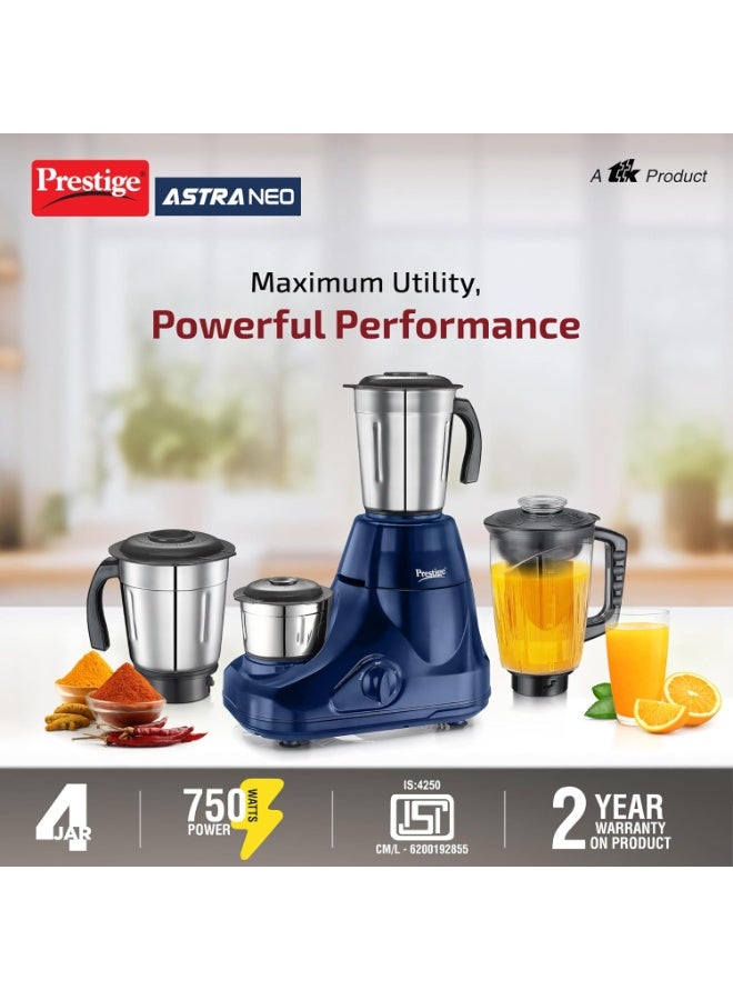 Prestige Astra Neo 750 Watt Mixer Grinder with 4 Jars (3 Stainless Steel + 1 Juicer) | Space-Saving Stacking Design | Super Efficient SS Blades | Blue |2Y Warranty | ISI Certified - Image 3