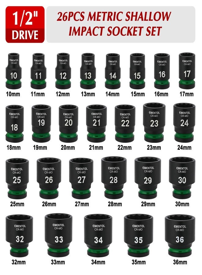 EMENTOL 1/2" Drive Impact Socket Set, Shallow Sockets, 26 Pieces, Metric (10-36mm), 12 Point, CR-MO, Stamped and Ink Filled - Image 2