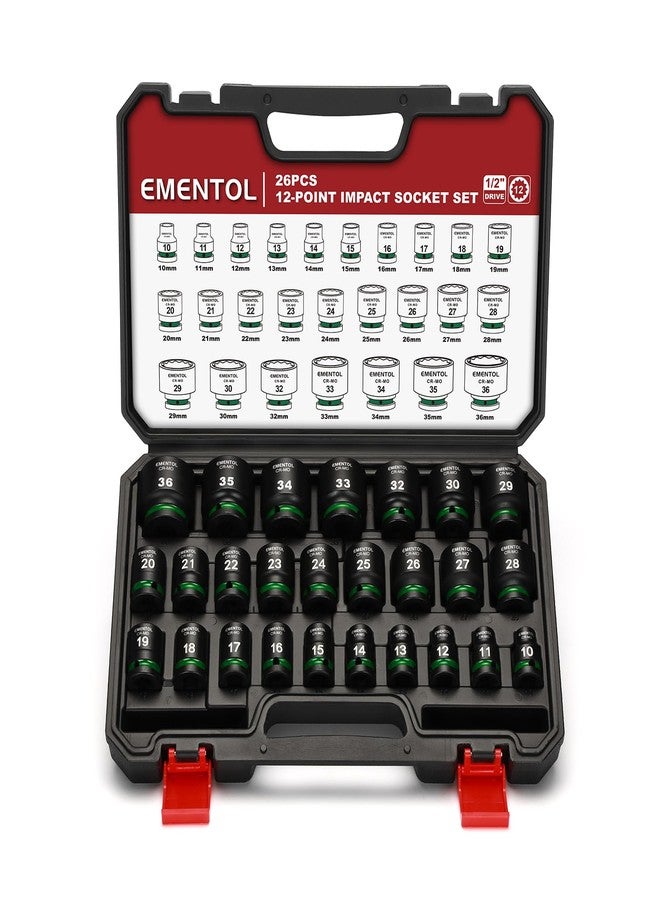 EMENTOL 1/2" Drive Impact Socket Set, Shallow Sockets, 26 Pieces, Metric (10-36mm), 12 Point, CR-MO, Stamped and Ink Filled - Image 1