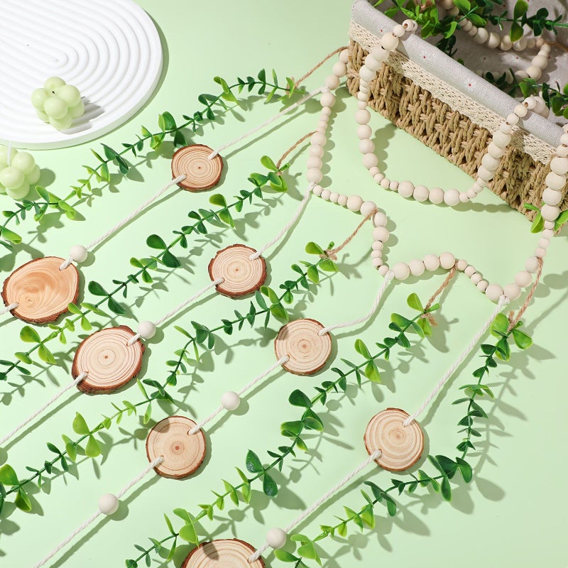 1 Piece Eucalyptus Boho Wall Decor 36x36 Inch Wooden Bead Garland Artificial Greenery Leaves - Image 3
