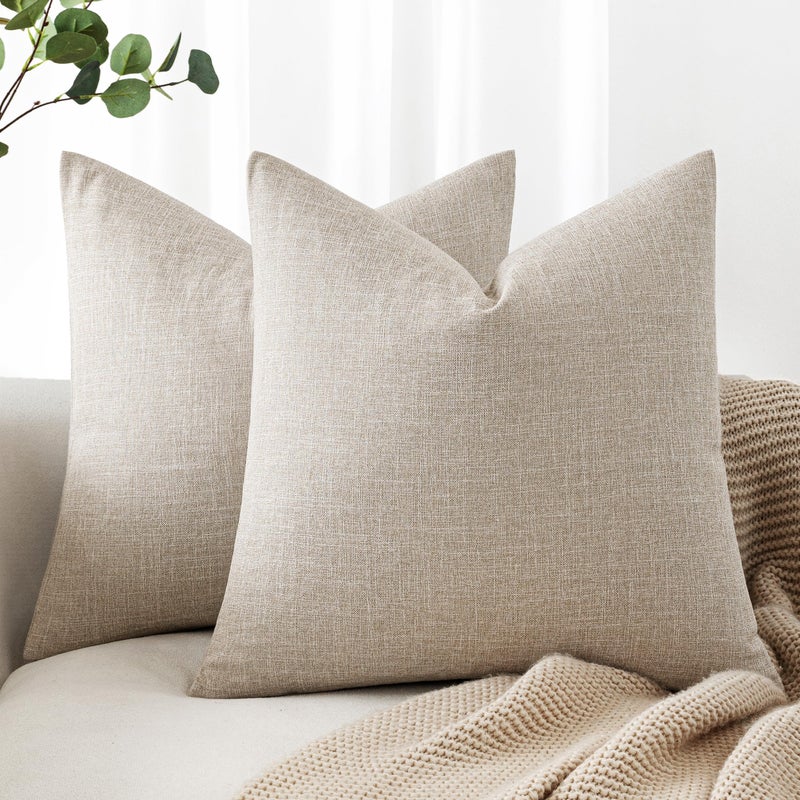 ميولي غطاءان للوسائد الزخرفية من MIULEE، عبوة من قطعتين، مصنوعان من الكتان والخيش، مربعان، سادة، بتصميم ريفي عصري أنيق، مناسبان للأريكة والسيارة، مقاس 50×50 سم (20×20 بوصة)، لون بيج. - Image 1