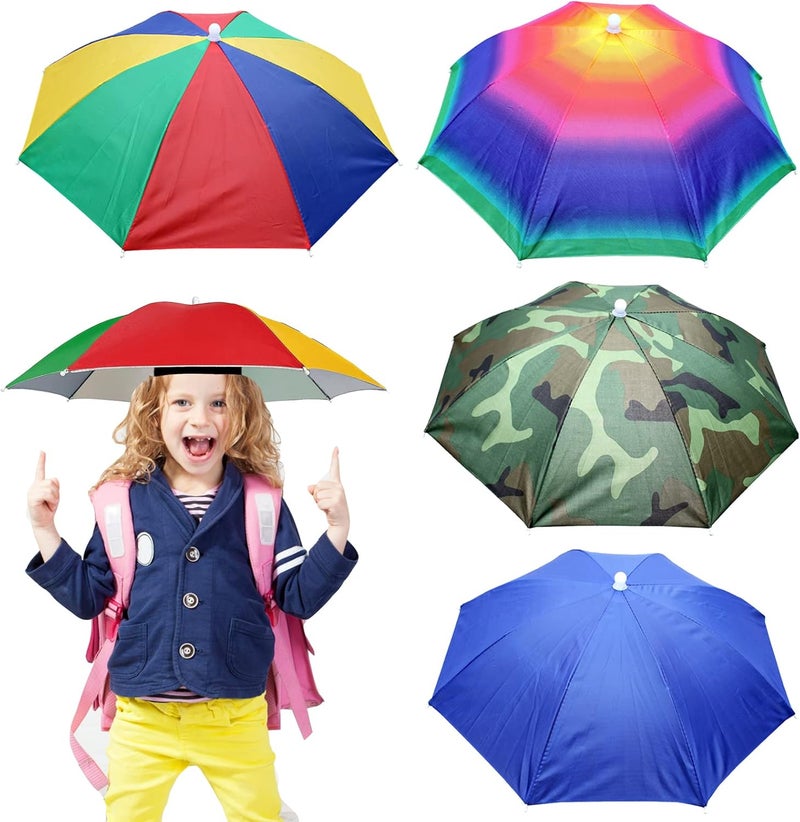 MUFEKUM 4 Pack Umbrella Hats, 20.5" Hands-Free Head Umbrella Hats for Kids, Folding Waterproof Umbrella Cap With Head Strap for Outdoor Party Fishing Sun Rain Beach Golf Hiking - Image 1