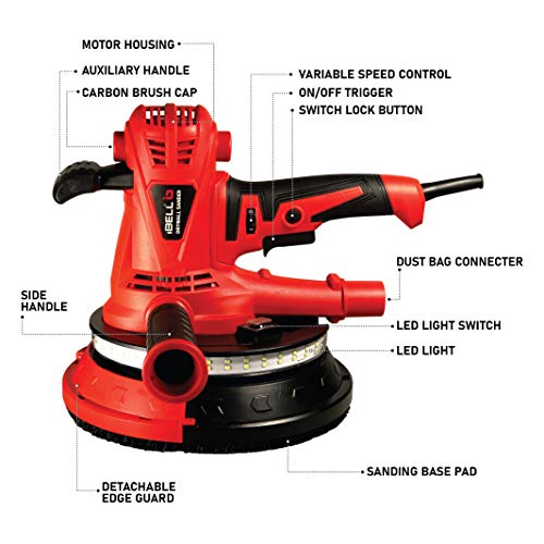 IBELL Dry Wall Sander DS25-80, 1300W, Copper Armature, Sanding Dia 215mm 9" 1400-2600RPM with 10 Hole Vacuum and LED Light - Image 5