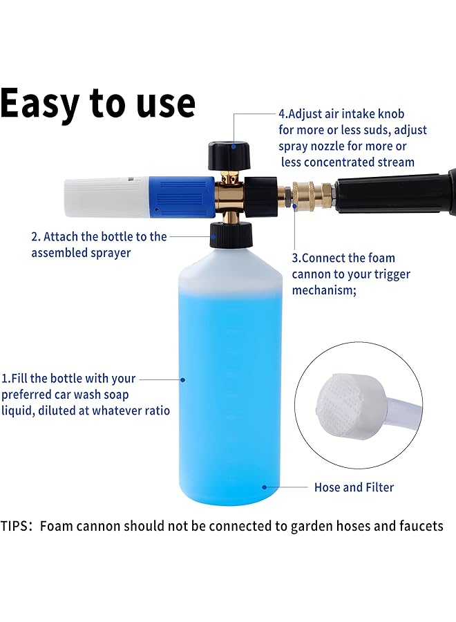 Excefore Foam Cannon - Pressure Washer Gun With 1/4 Inch Quick Connect And Adjustable Nozzle Car Wash Sprayer 1 L Bottle, Professional Fits Most Washing Accessories Foam Dispenser(4000 Psi) - Image 4