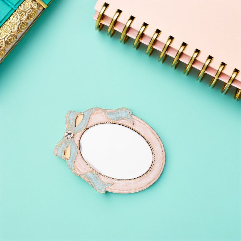 Vintage Pocket Makeup Mirror: Portable Mini Compact Mirror With Rhinestone Bowknot - Travel Size & Retro Style For Daily Use - Image 5