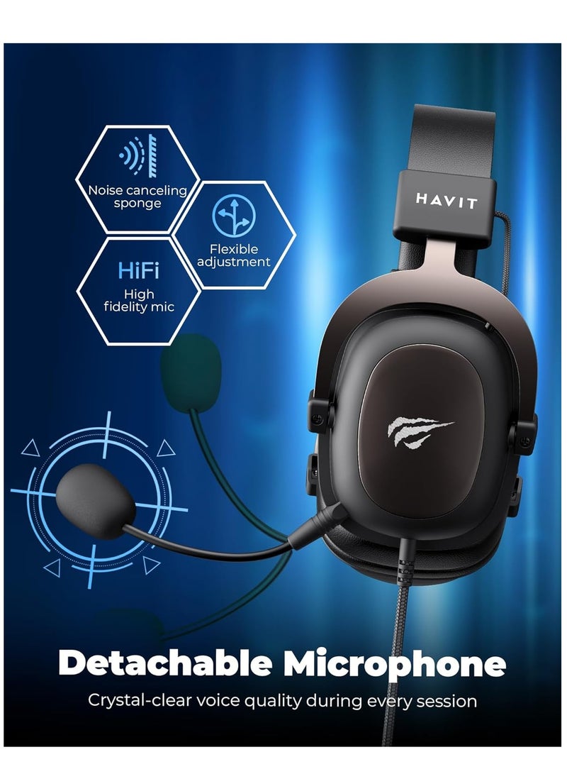 havit Gaming Headphone with 53mm Surround Sound Drivers, Detachable Omnidirectional Mic, Adjustable Head Beam, Protein Leather Earmuffs, Noise Isolation, Comfortable Over-Ear Design, 3.5mm Jack, for PC, Laptop, PS4, PS5, Xbox & Mobile – Pro-Level Audio for Long Gaming Sessions  - Image 4