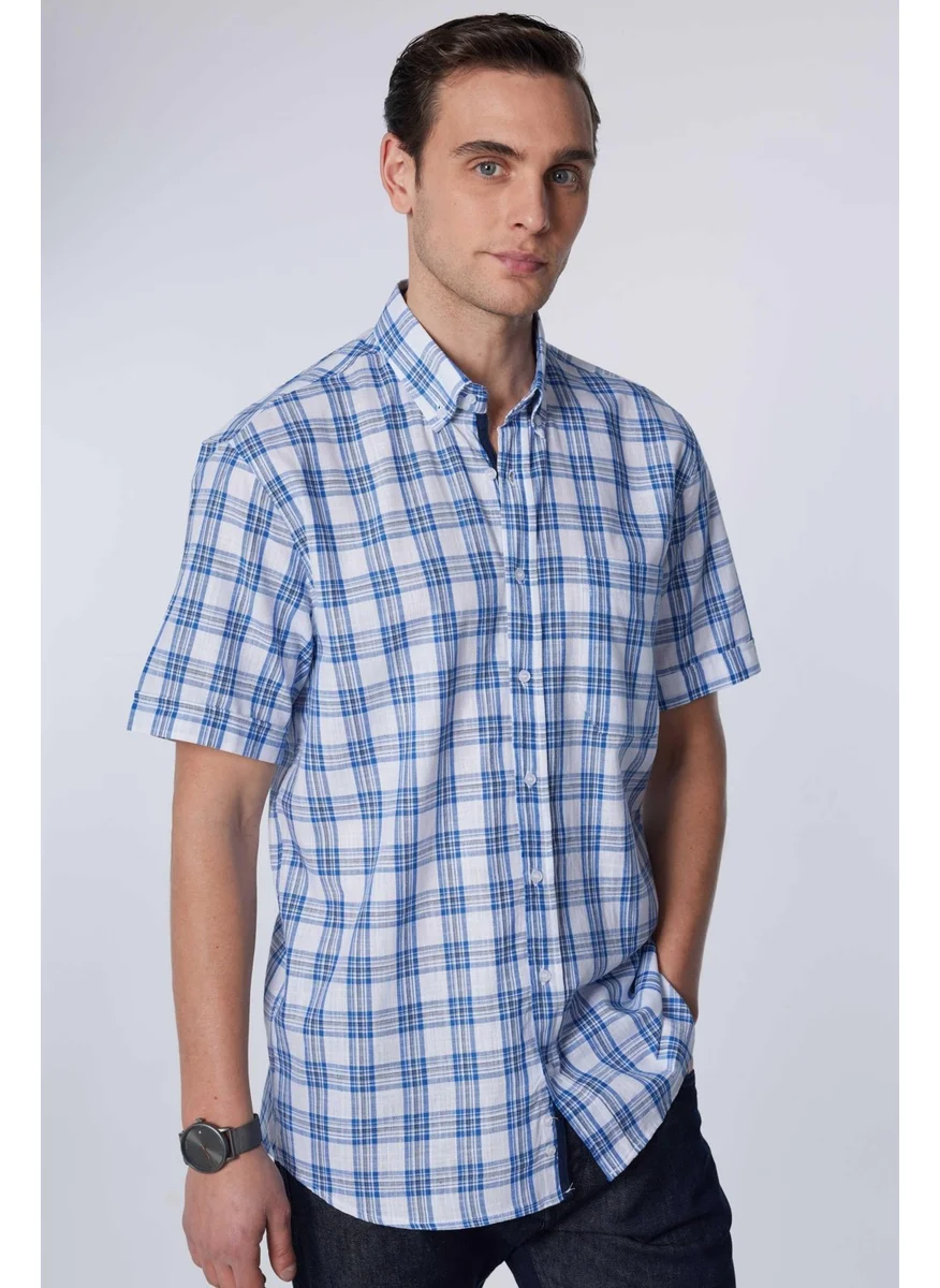 Tudors Classic Fit Short Sleeve Button Collar Single Pocket Checked Summer Linen Effect Men's Shirt