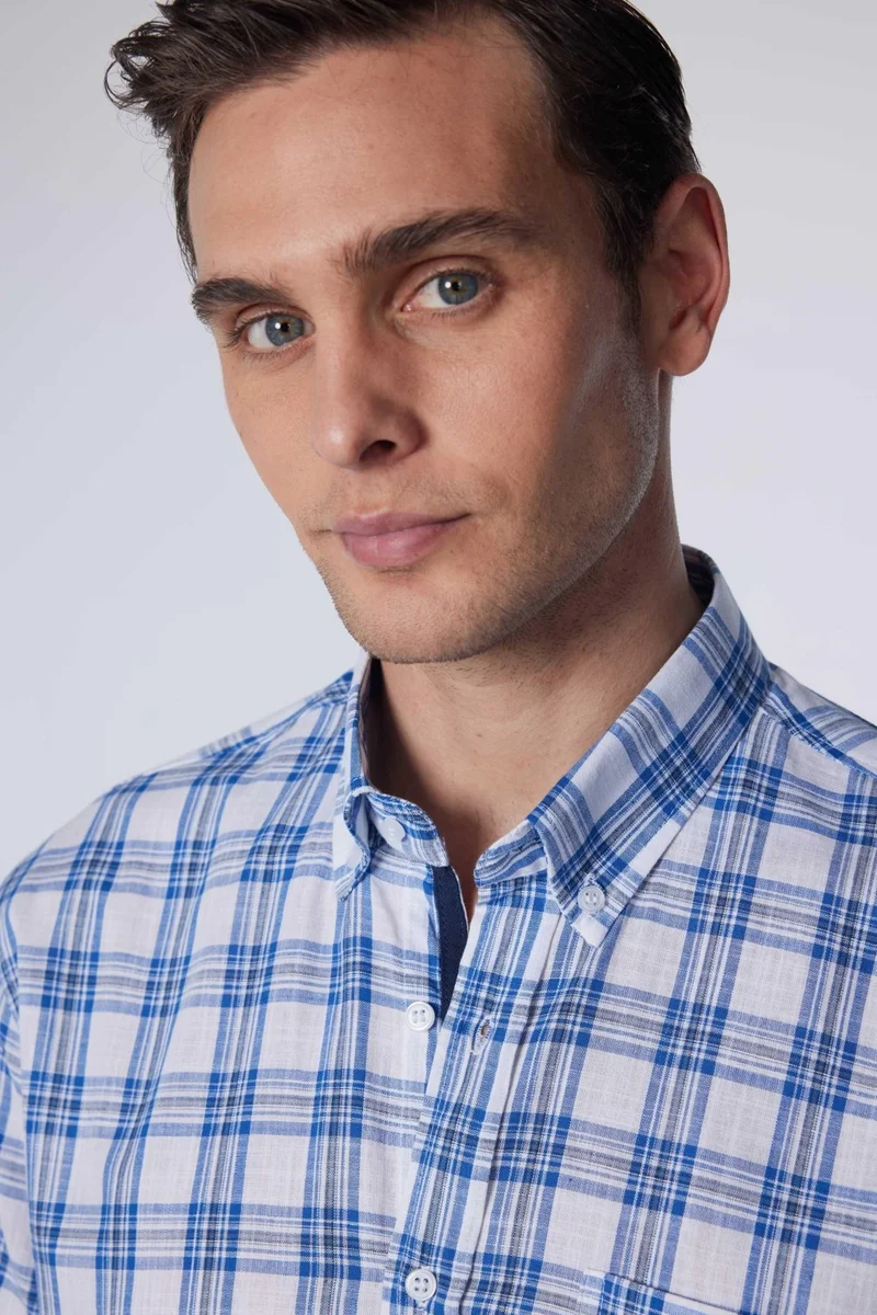 تودورس Classic Fit Short Sleeve Button Collar Single Pocket Checked Summer Linen Effect Men's Shirt