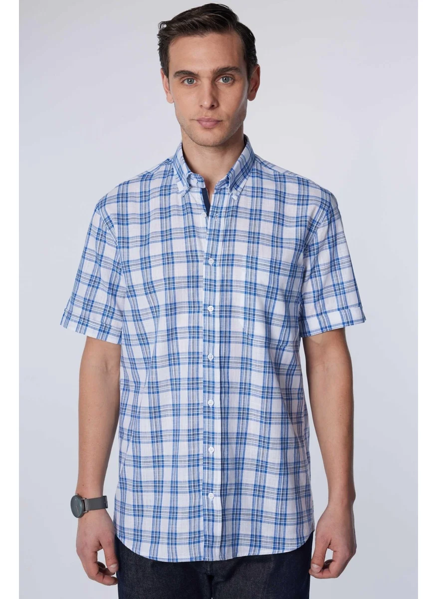 Tudors Classic Fit Short Sleeve Button Collar Single Pocket Checked Summer Linen Effect Men's Shirt