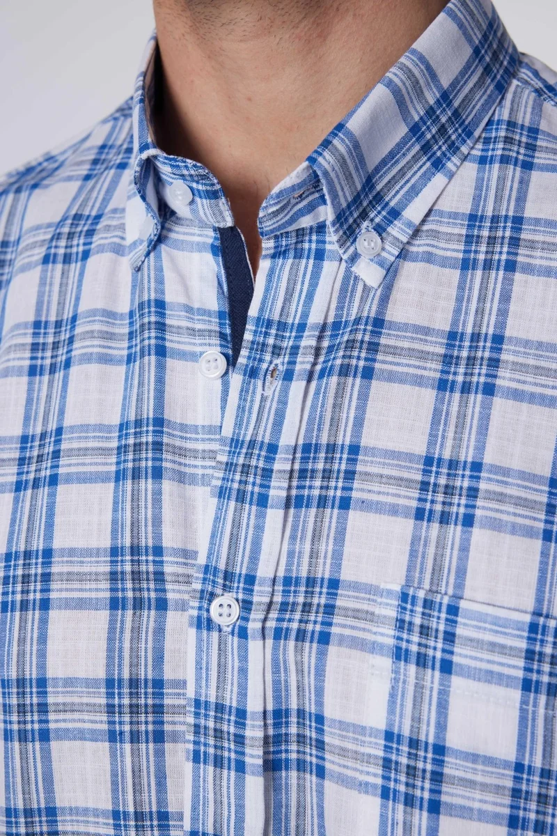 تودورس Classic Fit Short Sleeve Button Collar Single Pocket Checked Summer Linen Effect Men's Shirt