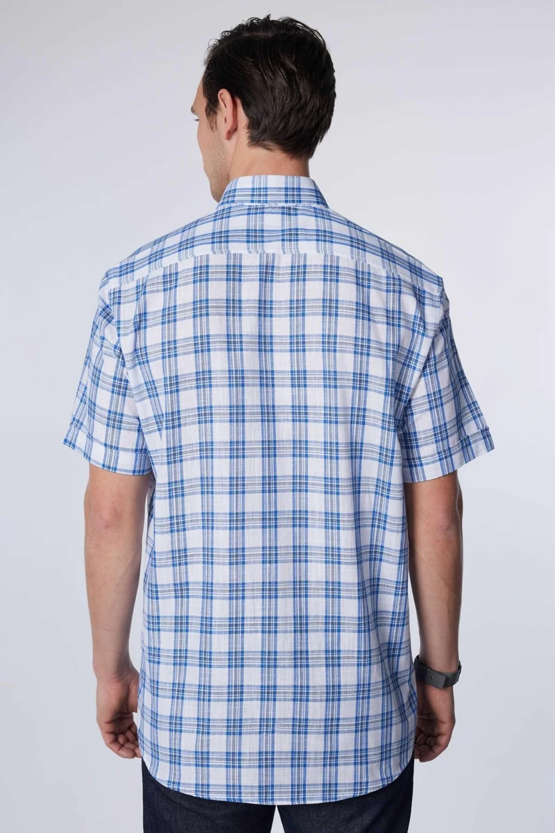 تودورس Classic Fit Short Sleeve Button Collar Single Pocket Checked Summer Linen Effect Men's Shirt