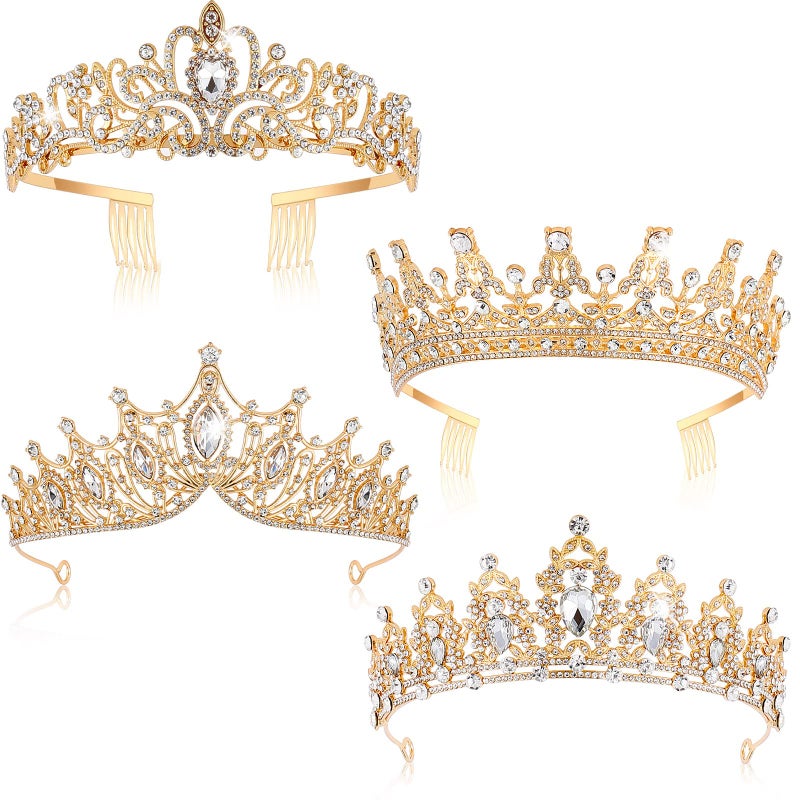 Kigeli 4 Pack Queen Crowns for Women Pageant Crown with Combs Princess Rhinestones Tiara Headband Prom Tiara for Quinceanera Birthday Cosplay WeddingGold