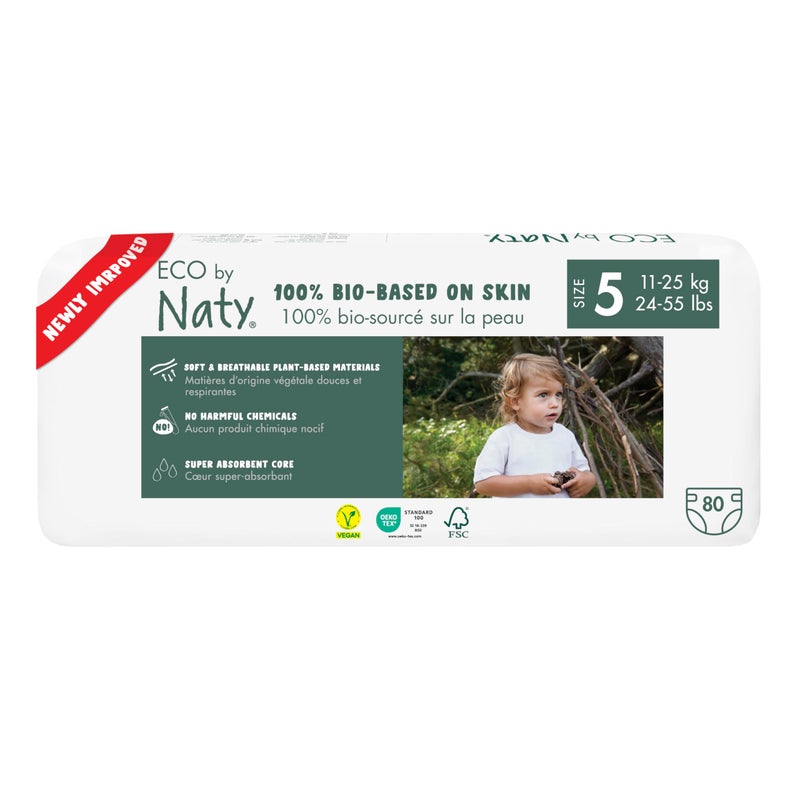 REER Eco by Naty Eco-Friendly Baby Nappies - 100% Plant-Based Materials on Skin, Soft, for Sensitive Skin & Super Absorbent (Size 5, 80 Count) - Image 1