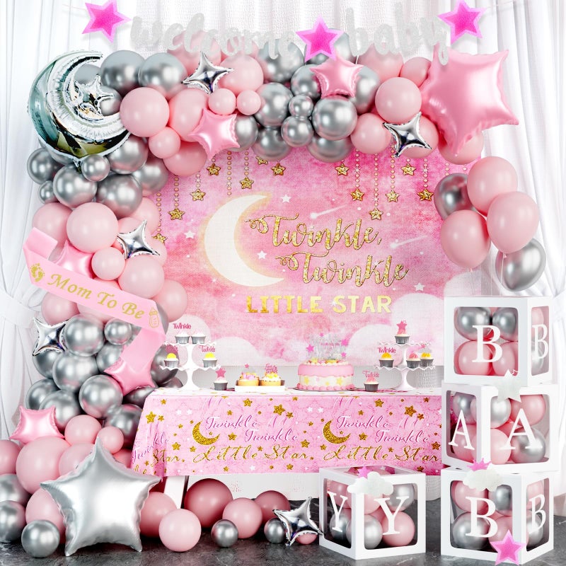 Hombae Twinkle Twinkle Little Star Baby Shower Decorations, Moon and Stars Baby Shower Decorations Backdrop Balloon Glitter Banner Tablecloth Cake Topper Sash for Space Party Supplies Pink Silver - Image 1