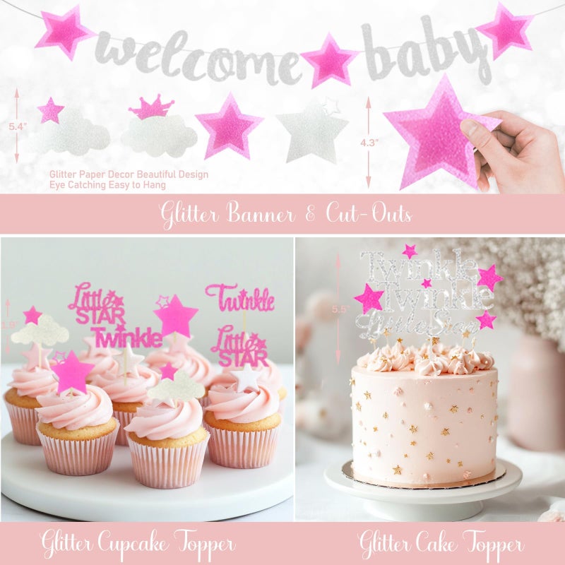 Hombae Twinkle Twinkle Little Star Baby Shower Decorations, Moon and Stars Baby Shower Decorations Backdrop Balloon Glitter Banner Tablecloth Cake Topper Sash for Space Party Supplies Pink Silver - Image 4